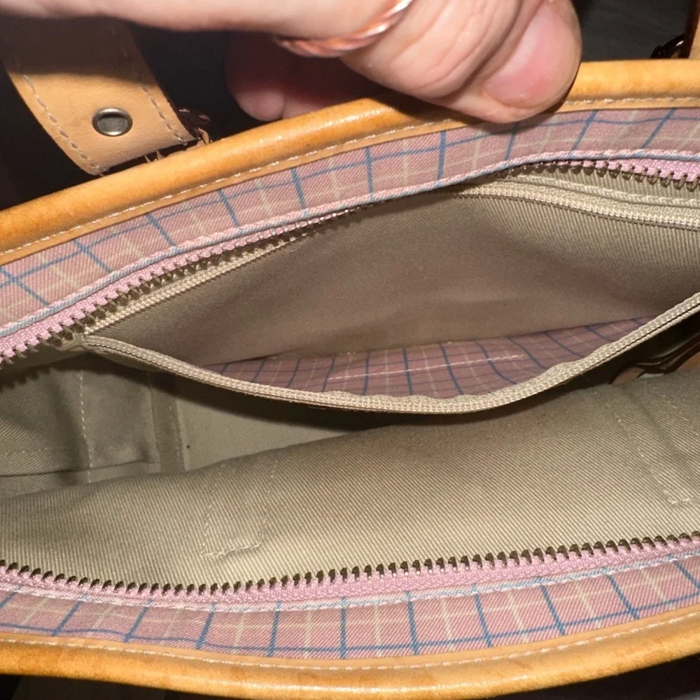Coach y2k Hampton pink and blue Plaid Tote Bag tan leather trim silver accents - Picture 10 of 13